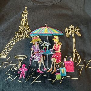 Quacker Factory 3/4 Sleeve Embroidered Embellished Paris Cafe Black Tee XL NWOT